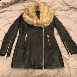 Faux Leather Faux Fur Collar Jacket
